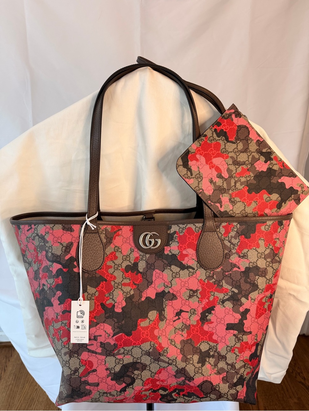 Gucci Brown, Pink & Red Camo GG Tote with Matching Pouch